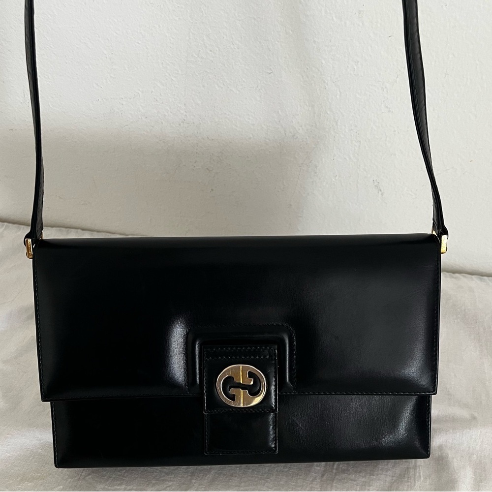 Rare Vintage Gucci Shoulder Clutch Bag Black Leather 1970s - Picture 3 of 17